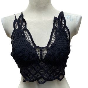 Crochet Crop Top Black Strappy Lace Appliqué Tank Top Bralette